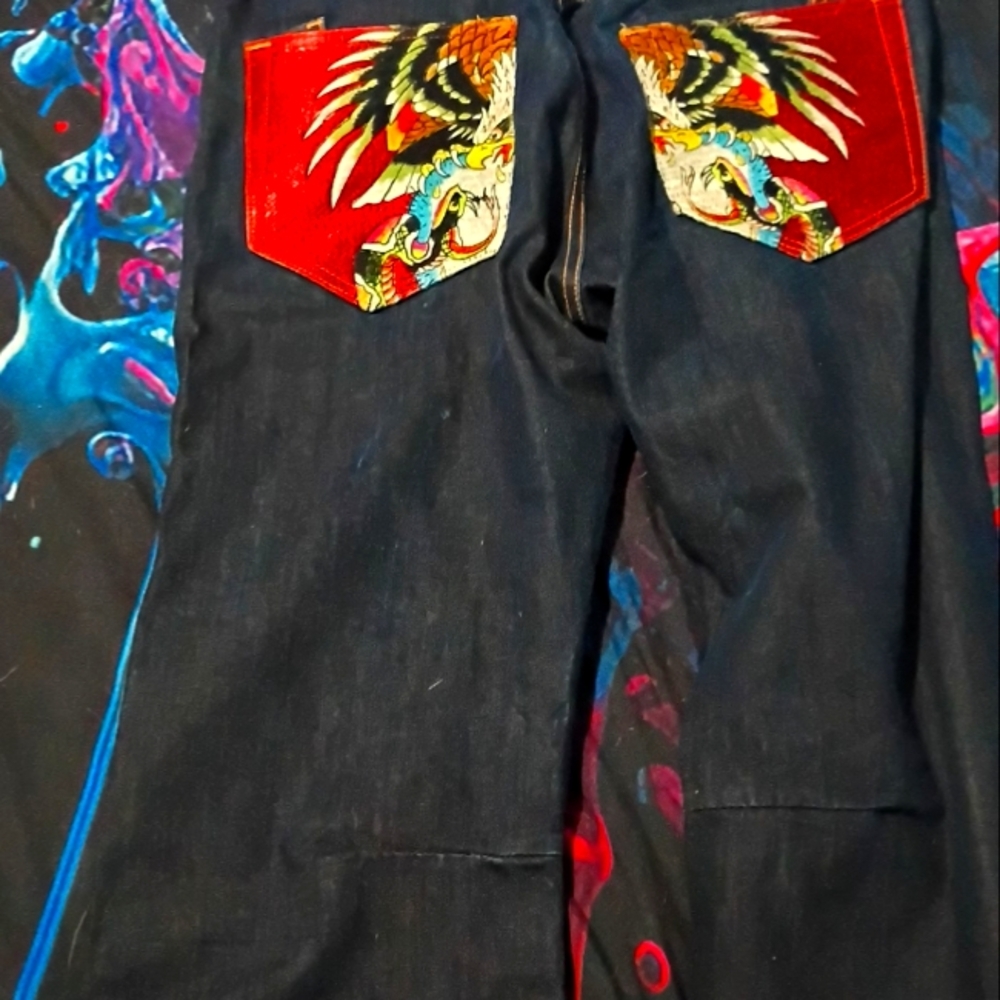 Ed Hardy Navy Jeans with Vibrant Red Pockets